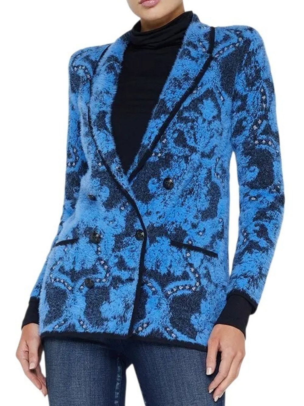 L'Agence Eileen Fuzzy Jacquard Knit Blazer Blue Black Size M